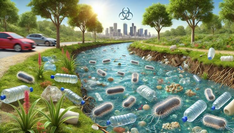 A polluted river near a city is filled with plastic bottles, trash, and plastic eating bacteria. Trees line the riverbank, cars drive on a nearby road, and a biohazard symbol appears in the sky above the distant city skyline.