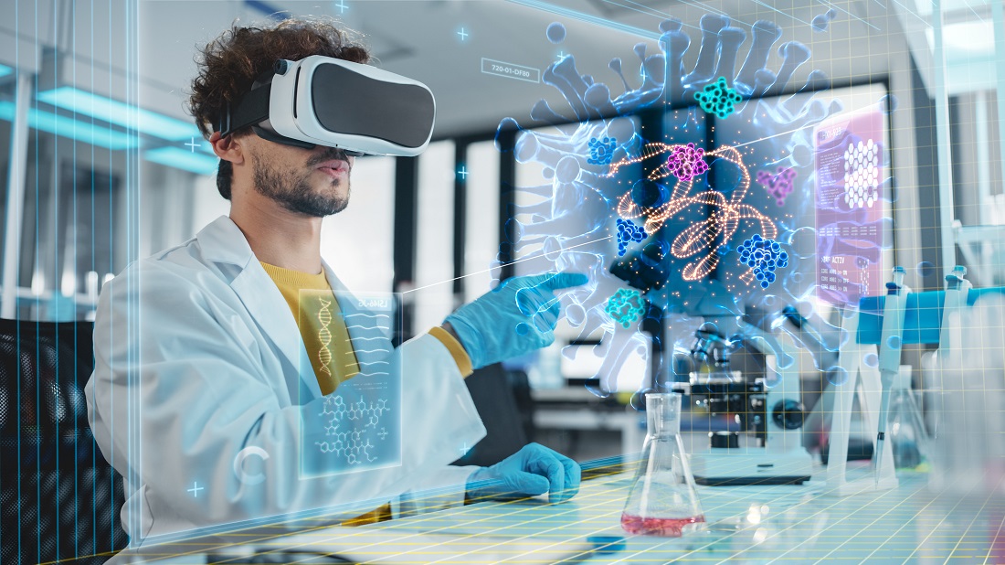 A scientist in a lab coat and VR headset explores sickness detection by brain, interacting with virtual graphics of a virus and molecular structures amid lab equipment and digital interfaces in a modern laboratory setting.