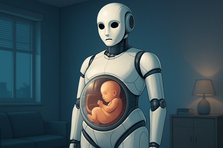 A humanoid robot stands in a dimly lit room with a transparent panel on its torso, revealing a human baby curled up inside—suggesting artificial wombs be real. The room contains a sofa, a window, and a lamp on a table.