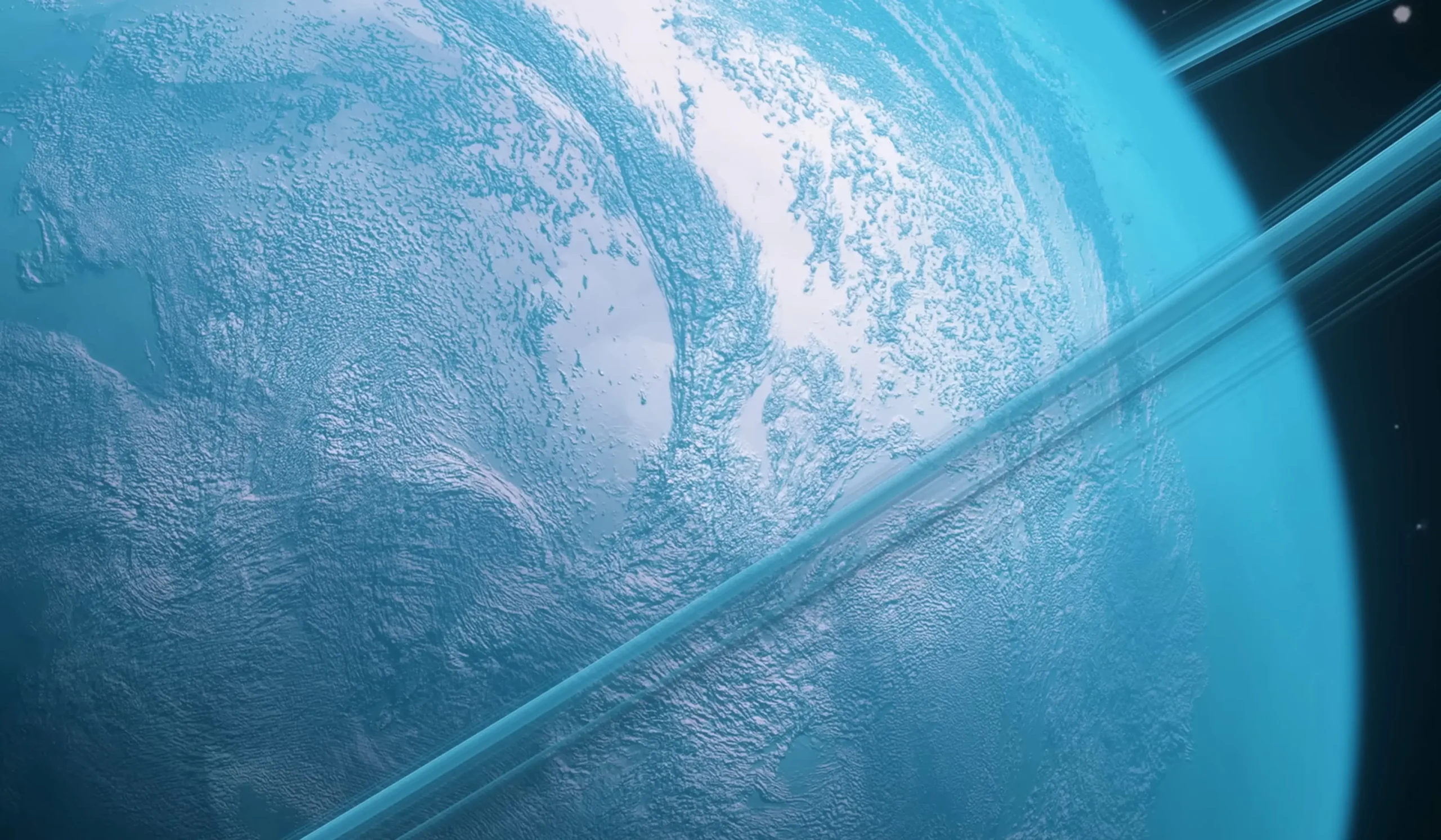 A close-up view of the blue icy surface and rings of Uranus, with swirling clouds and atmospheric patterns shaped by cosmic rays, as faint rings extend diagonally across the image.