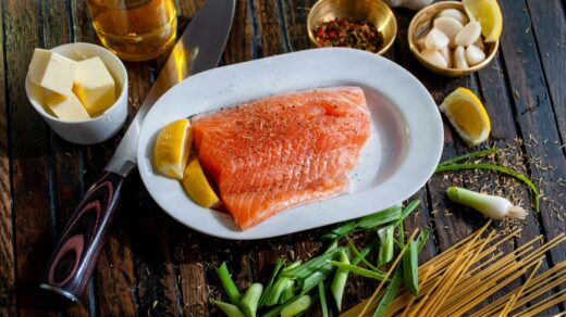 flat lay photography of raw salmon fish
