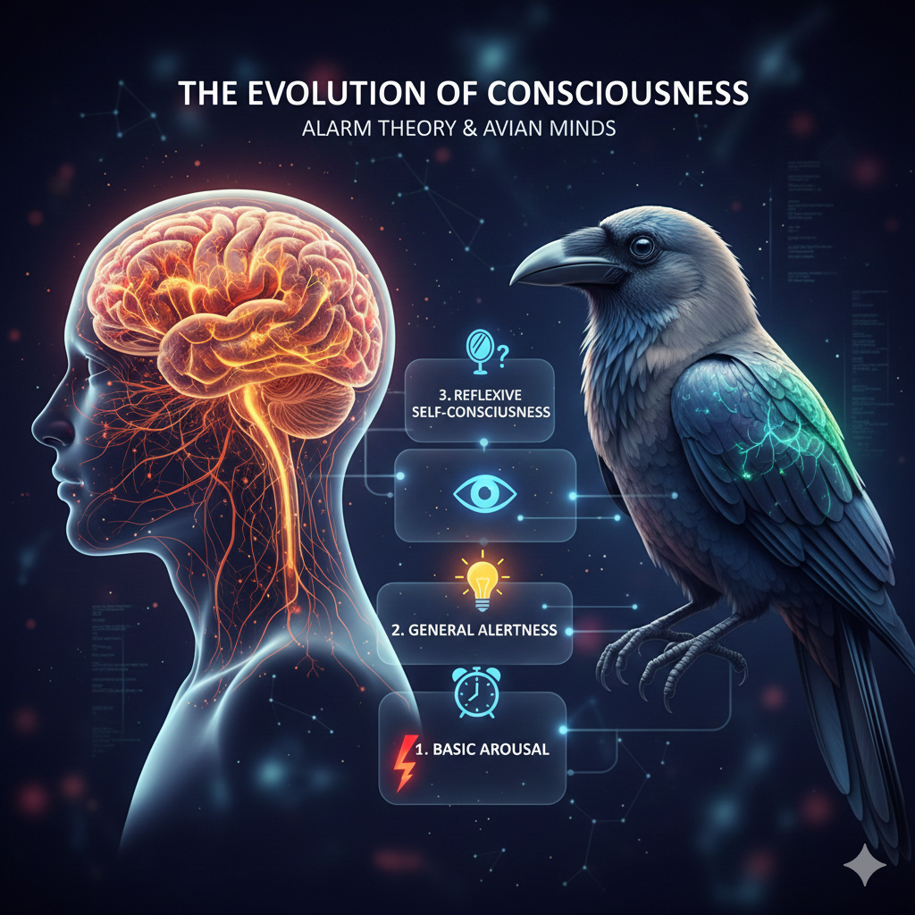 An illustration compares human and avian consciousness. A human brain glows beside a detailed crow. Three stages—basic arousal, general alertness, reflexive self-consciousness—are shown, linked to an eye icon and consciousness evolution.
