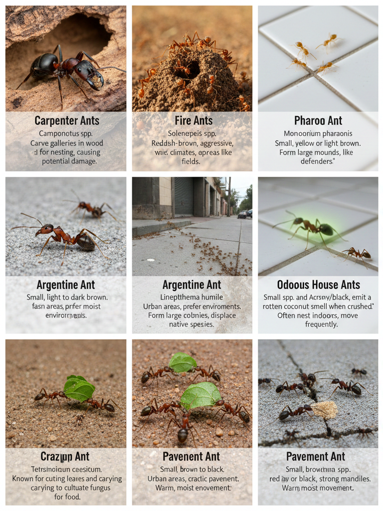 Chart showing various ant types and behavior, including carpenter ants, fire ants, pharaoh ants, and pavement ants.