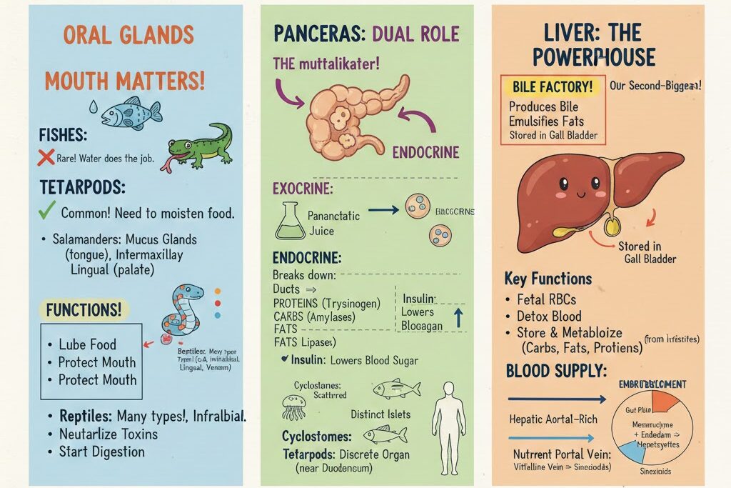 Oral glands, pancreas, and liver functions in vertebrates. Bile factory, power house!