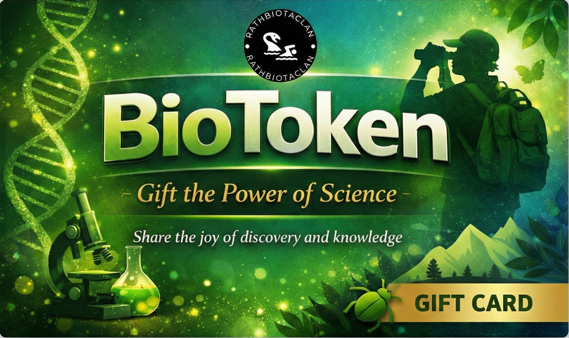 RathBiotaClan BioToken Gift Card featuring science and nature imagery.