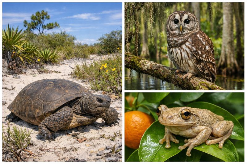 A collage featuring a Gopher Tortoise in the Florida scrub, a Barred Owl in a wetland forest, and a Cuban Treefrog on a citrus leaf.