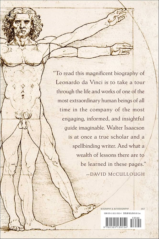 Leonardo da Vinci's Vitruvian Man drawing, biography cover. "To read this biography..." - David McCullough quote.