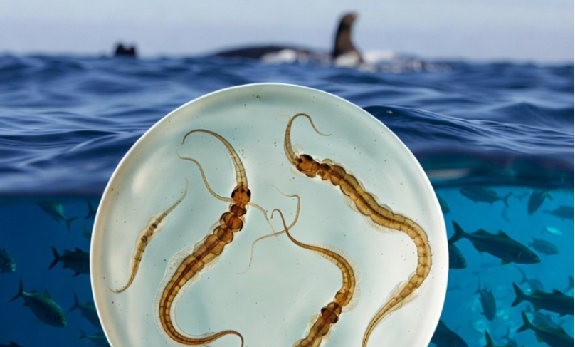 Tiny Anisakis nematodes