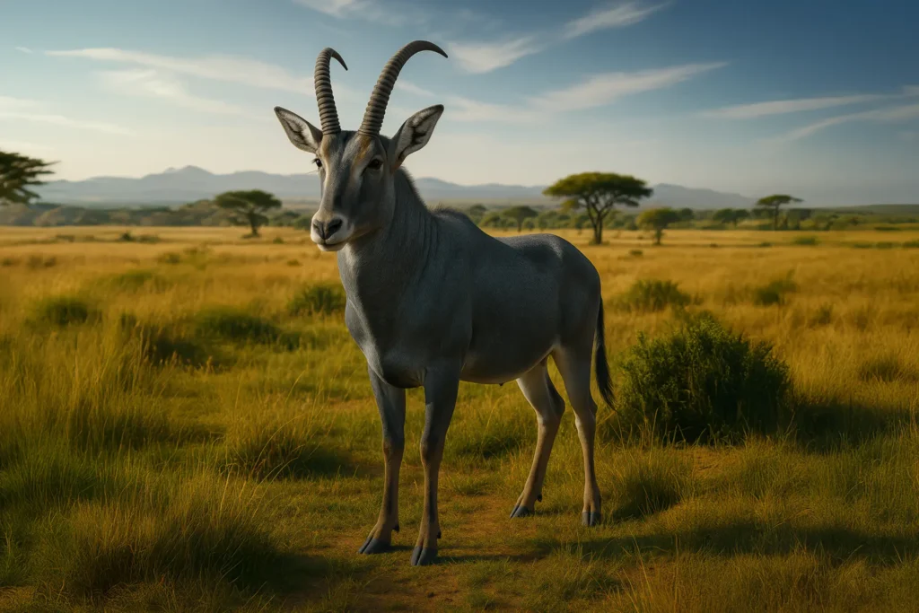 Bluebuck antelope with silvery-blue coat and curved horns running across open South African grassland, representing extinct species targeted for de-extinction by scientists