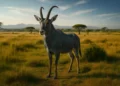 Bluebuck antelope with silvery-blue coat and curved horns running across open South African grassland, representing extinct species targeted for de-extinction by scientists