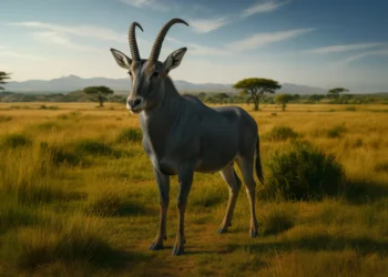 Bluebuck antelope with silvery-blue coat and curved horns running across open South African grassland, representing extinct species targeted for de-extinction by scientists