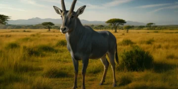 Bluebuck antelope with silvery-blue coat and curved horns running across open South African grassland, representing extinct species targeted for de-extinction by scientists